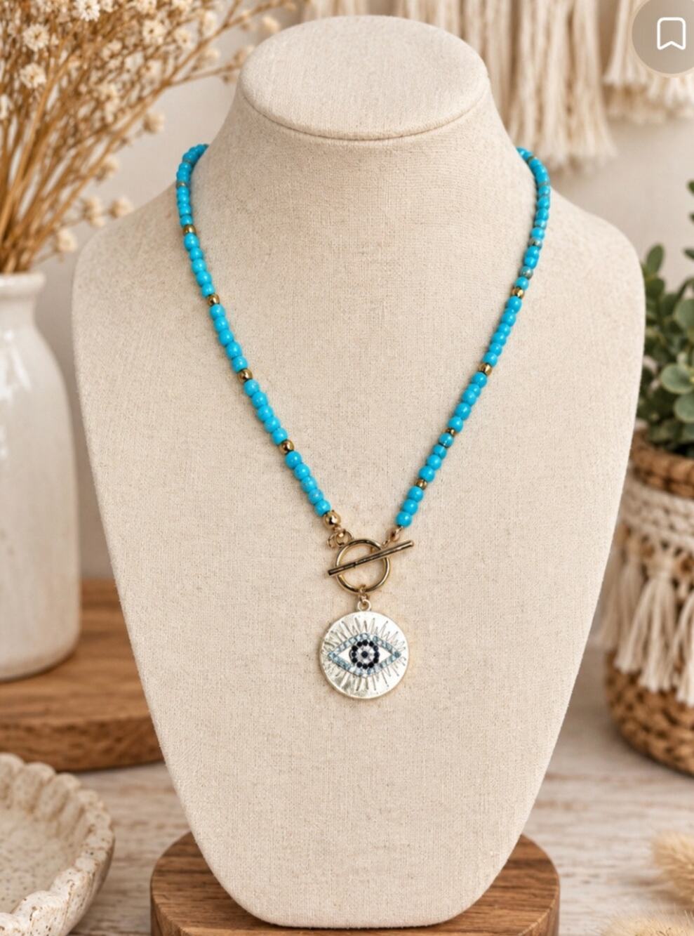 Blue Beaded Evil Eye Toggle Necklace New
